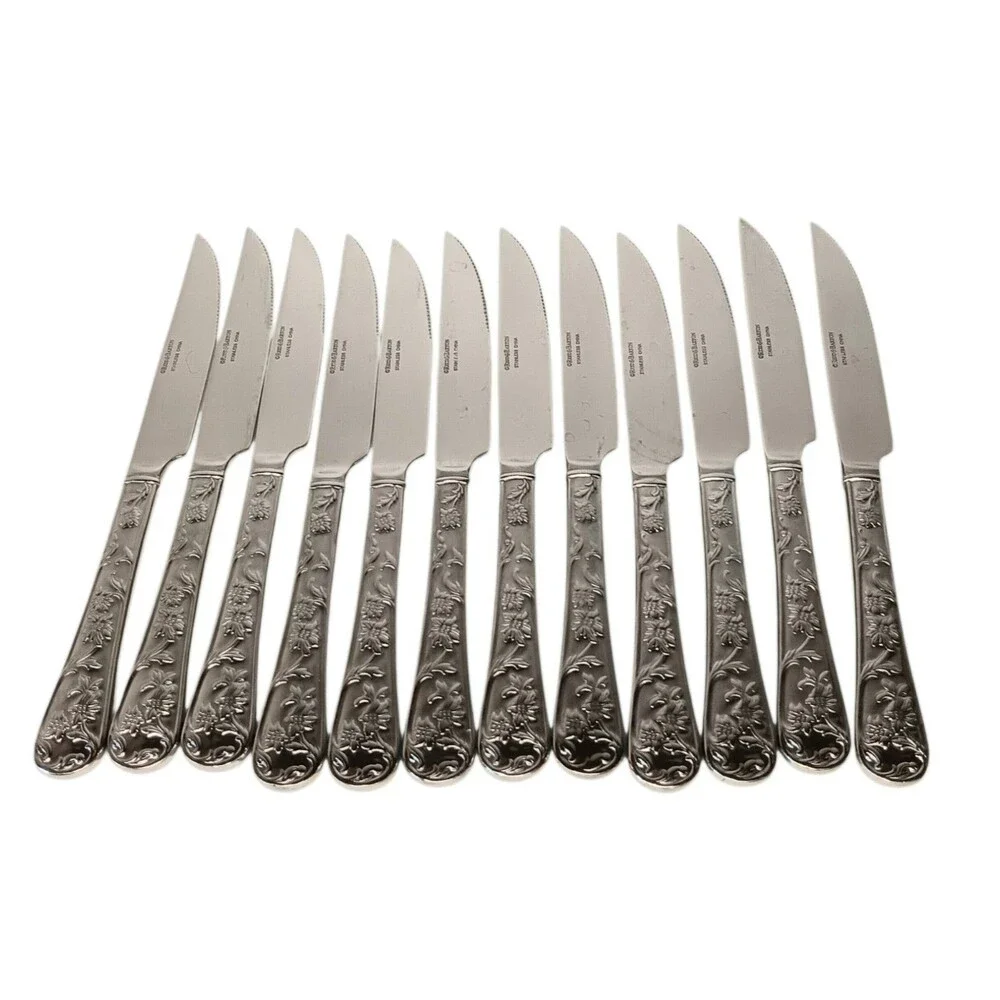 Reed & Barton Queens Garden 12 Steak Knives Glossy Stainless Flatware Floral